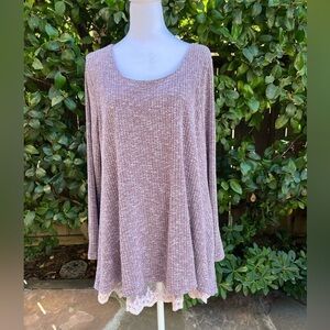 Umgee Long Sleeve Rib Knit Peek A Boo Lace Bottom Tunic Top Cotton Blend Large